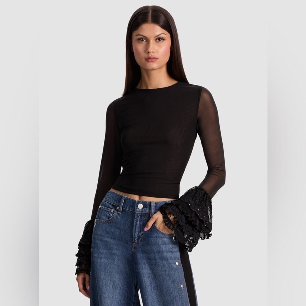 Alice + Olivia Delaina Top With Ruffle Cuff in Black S